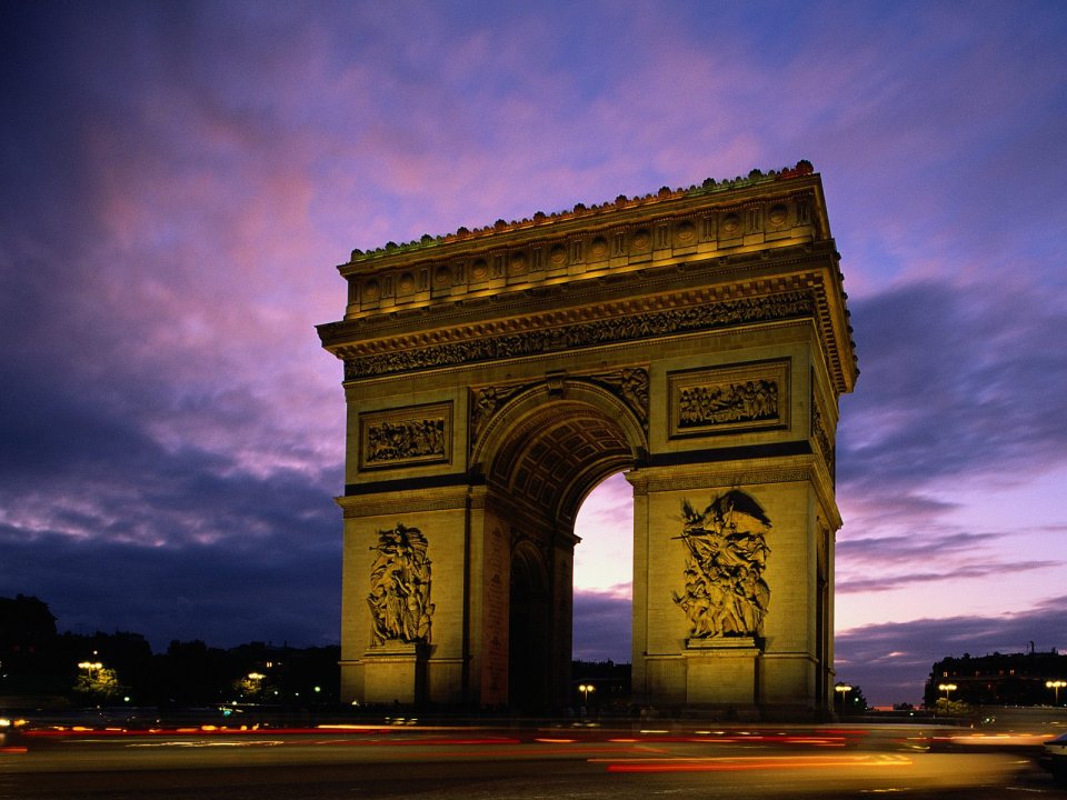 Paris France Arc De Triomphe At Dusk City Scenery