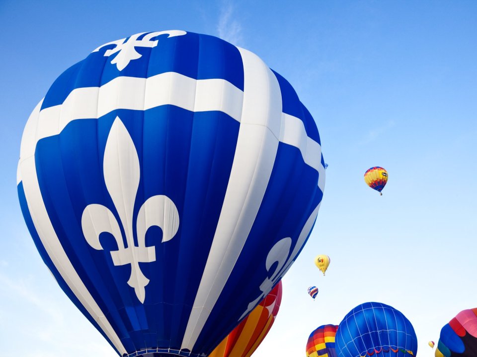 Blue White Fleur De Lis Hot Air Balloon Flying In Clear Sky