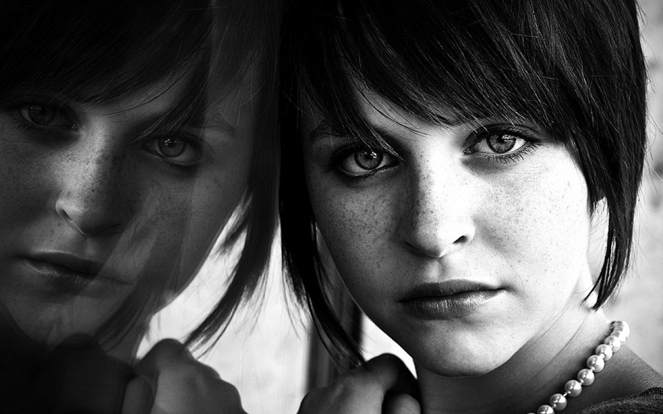 Black And White Freckled Short Haired Woman Mirror Reflection Portrait
