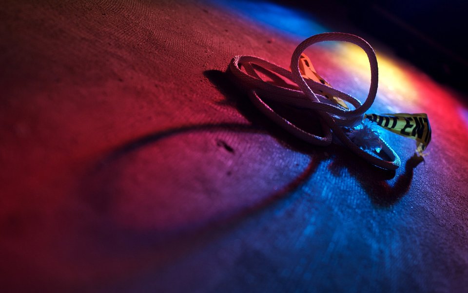 Red Blue Neon Shoelace Macro Closeup On Ground
