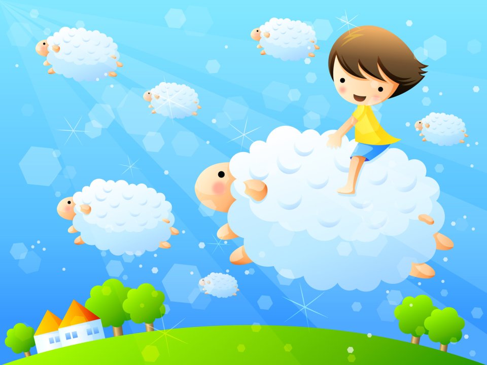 Children Day Cartoon Boy Riding Cloud Sheep Fantasy Wallpaper