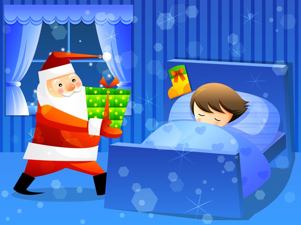 Santa Claus Delivering Gift To Sleeping Child Christmas Eve