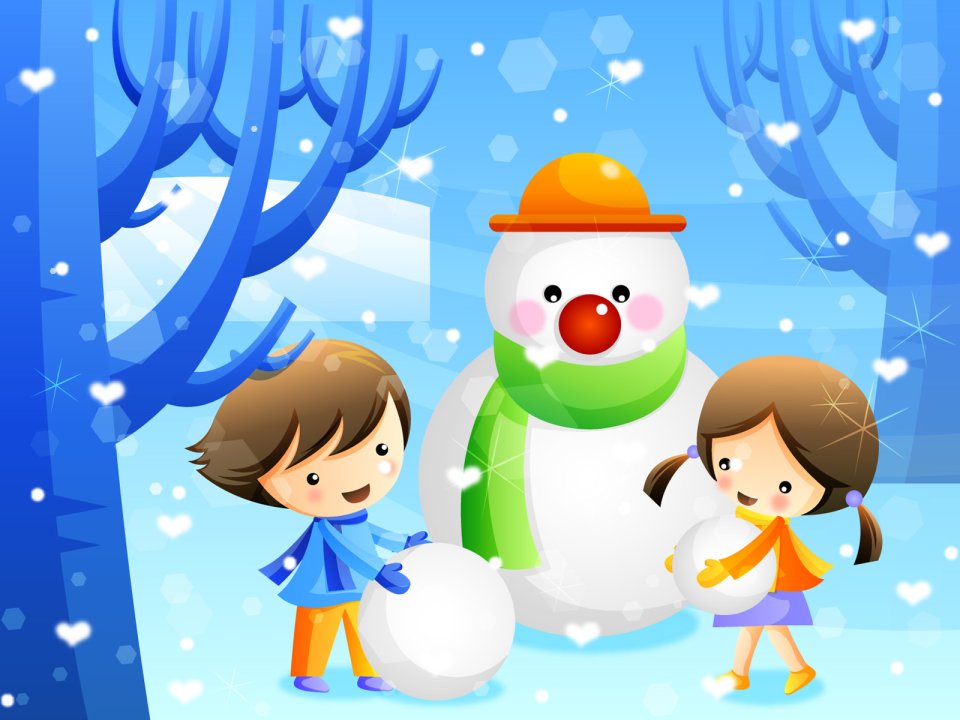 冬日雪地儿童堆雪人卡通童趣壁纸
