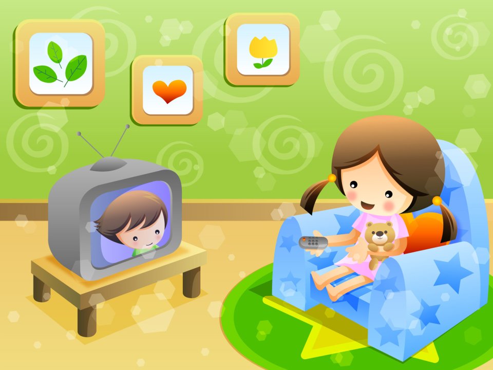 Children Day Vector Illustration Little Girl Watching Tv At Home