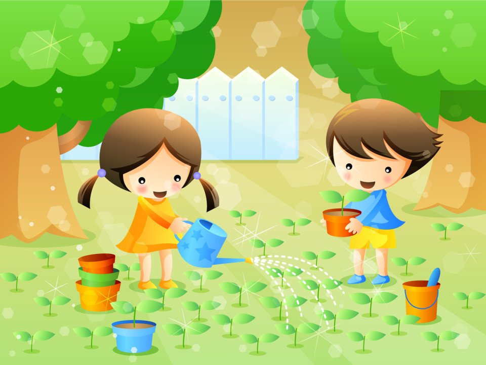 Children Day Kids Gardening Watering Vector Wallpaper