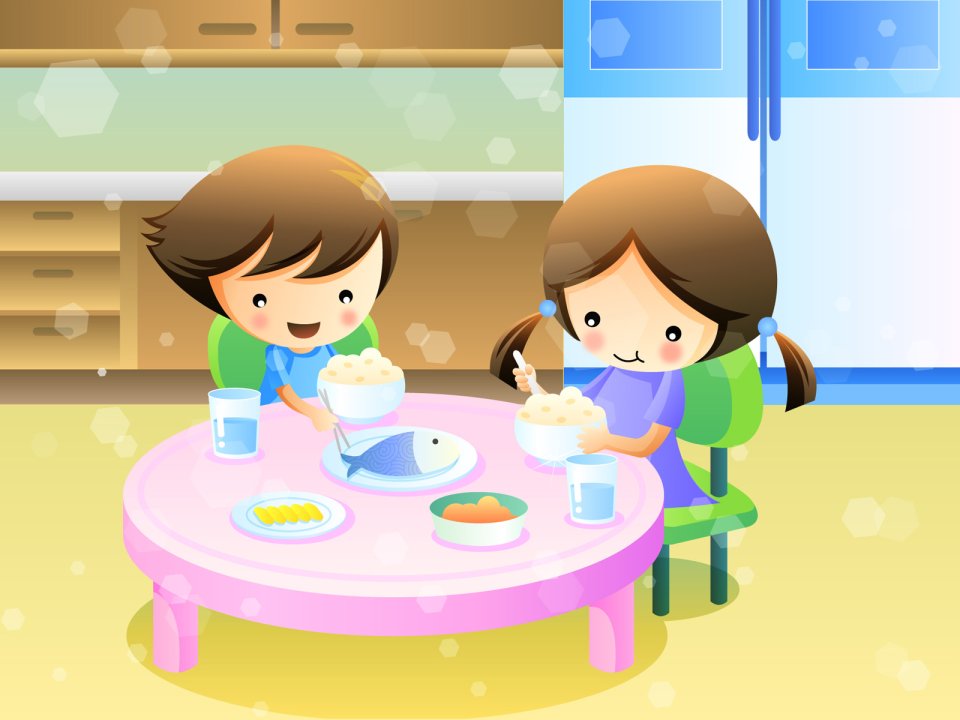 可爱儿童兄妹居家用餐卡通矢量壁纸