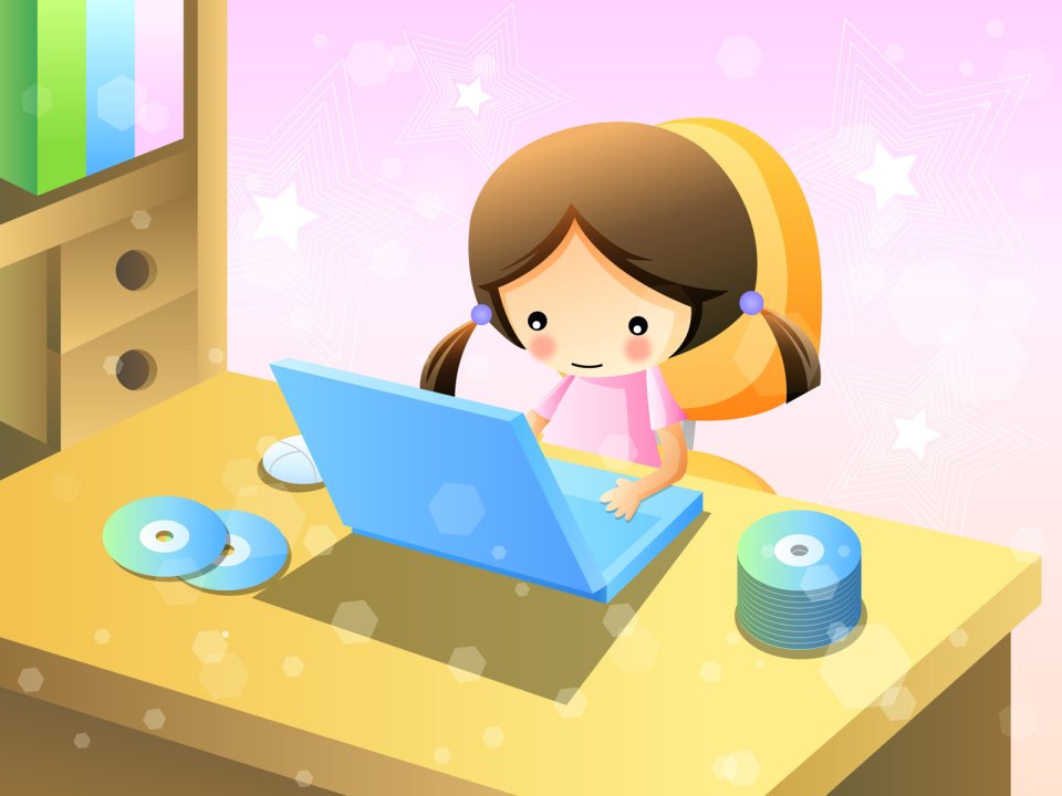 儿童节主题 卡通小女孩使用笔记本电脑矢量插画壁纸