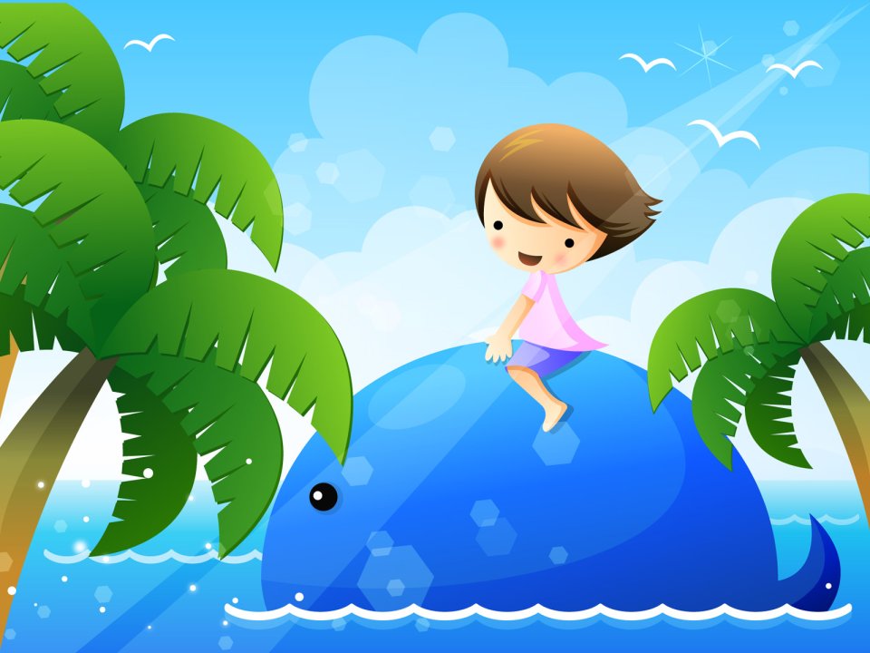 Children Day Cute Illustration Boy Riding Whale Summer Beach Wallpaper