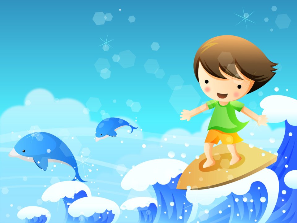 Children Day Cartoon Boy Surfing With Dolphins Vector Wallpaper