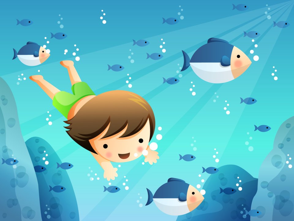 Children Day Underwater Diving Cartoon Vector Wallpaper