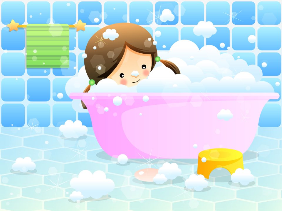 Cute Little Girl Bubble Bath Cartoon Vector Wallpaper