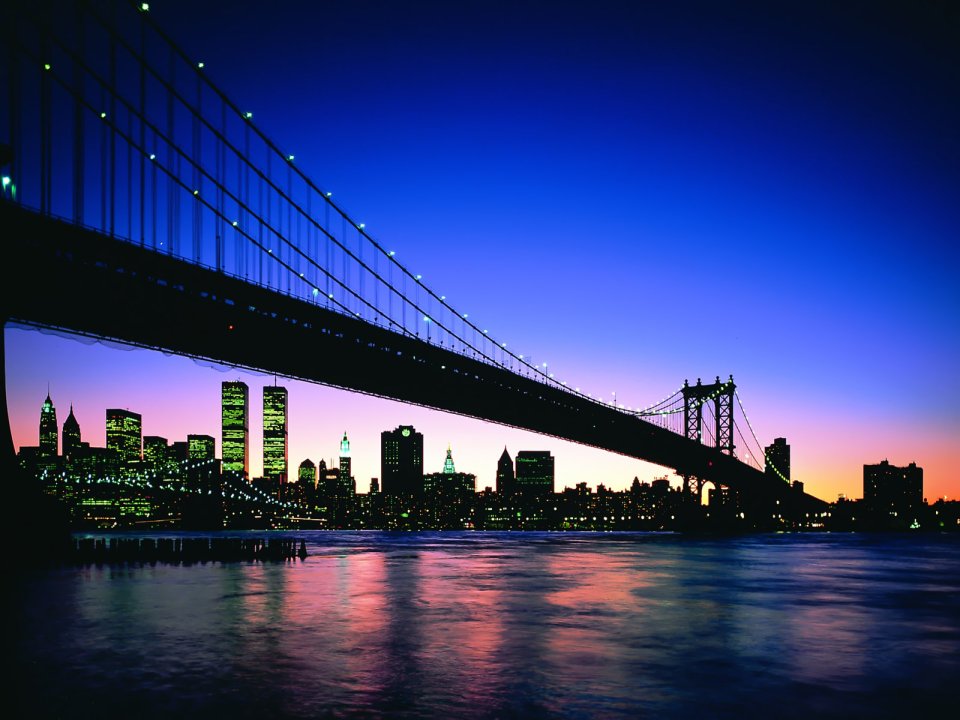 Manhattan Bridge And World Trade Center Twins Night View