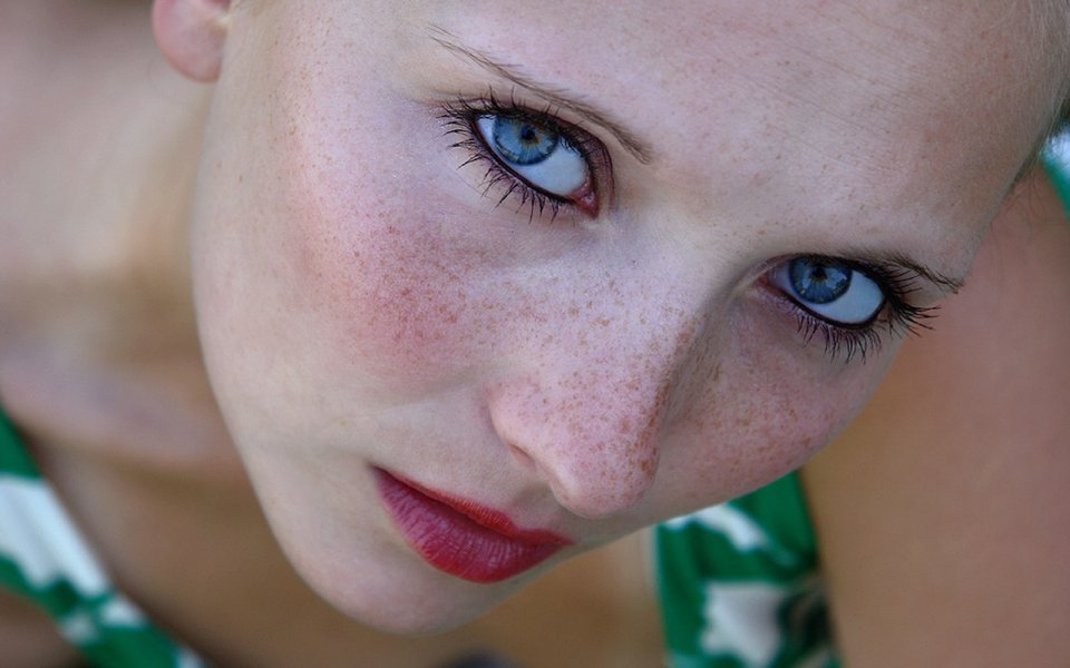 Freckled Blue Eyed Young Woman Close Up Portrait Photography