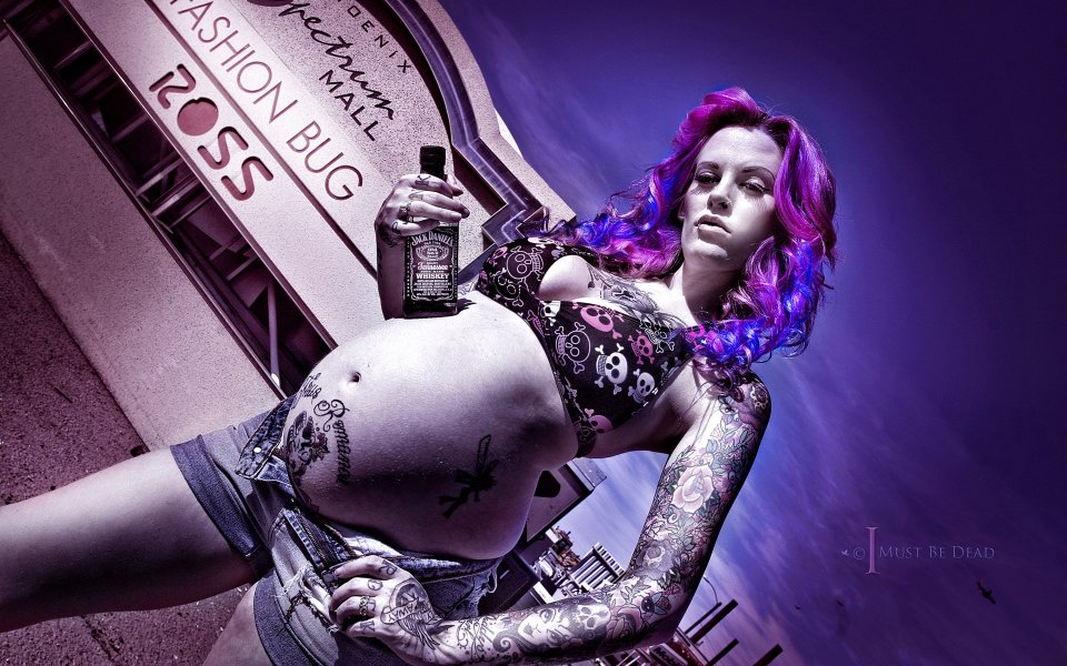 Punk Purple Hair Tattoo Pregnant Woman Creative Portrait