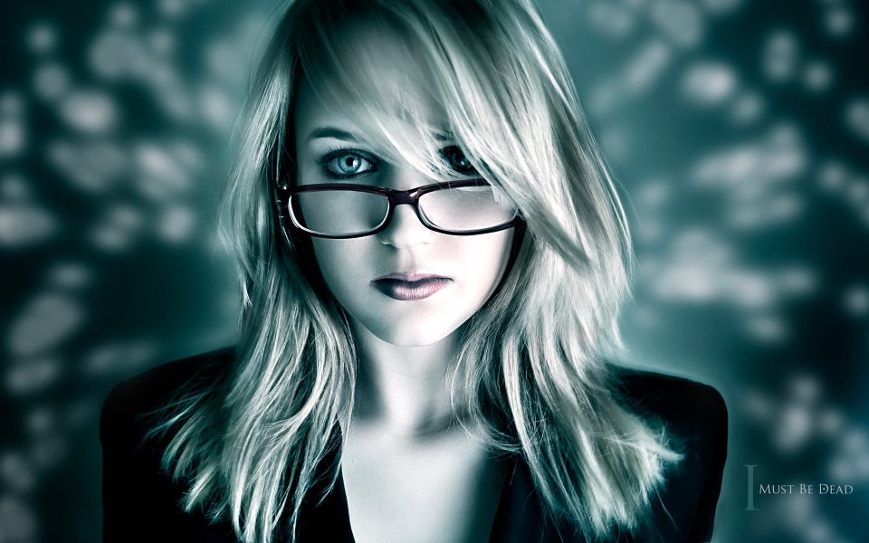 Cool Cyan Tone Blonde Woman With Black Glasses Art Portrait