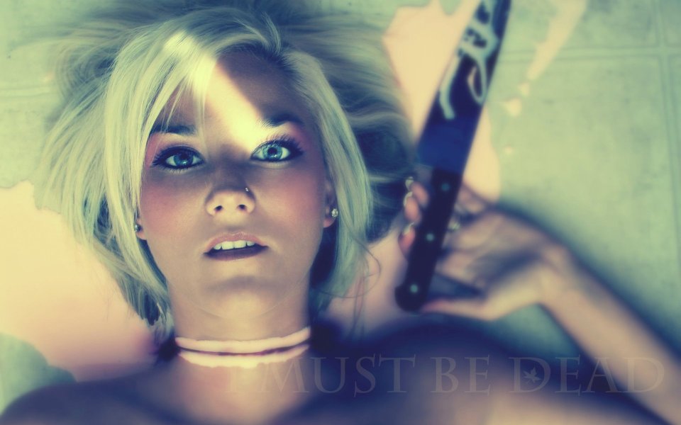 Dark Vintage Concept Portrait Blonde Girl Holding Knife
