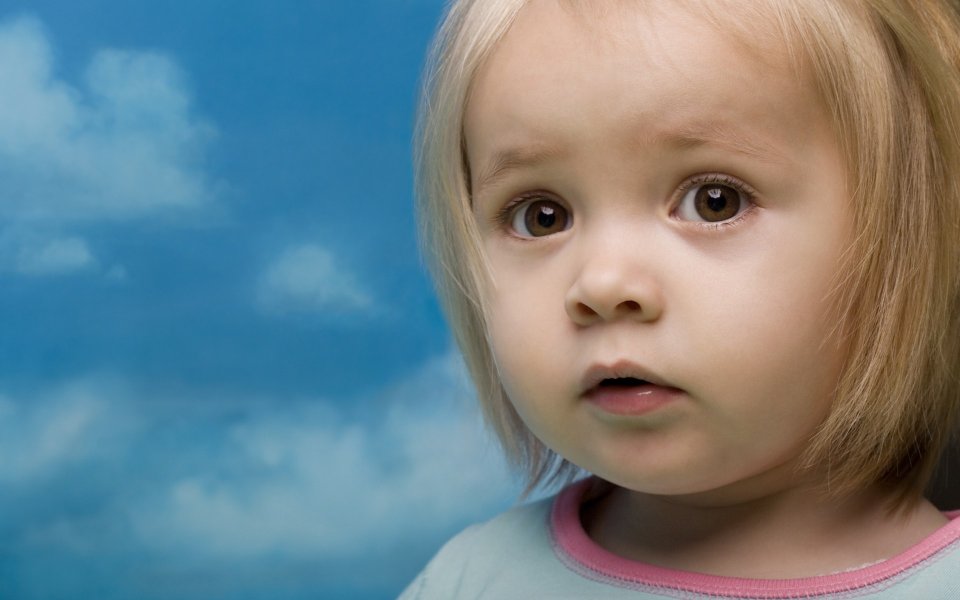 Blonde Toddler Innocent Close Up Portrait Blue Sky Background