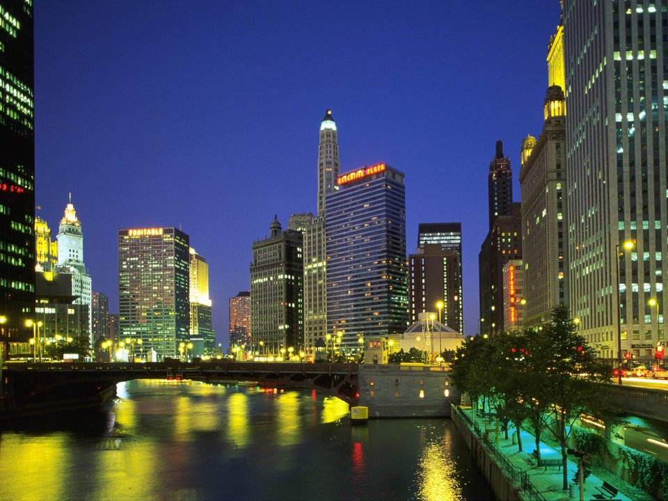 Downtown Chicago Illinois Night River Skyline