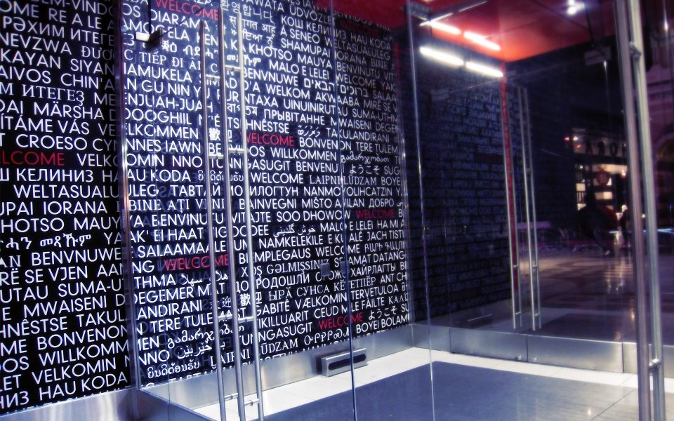 Multi Language Welcome Words Glass Entrance Exit