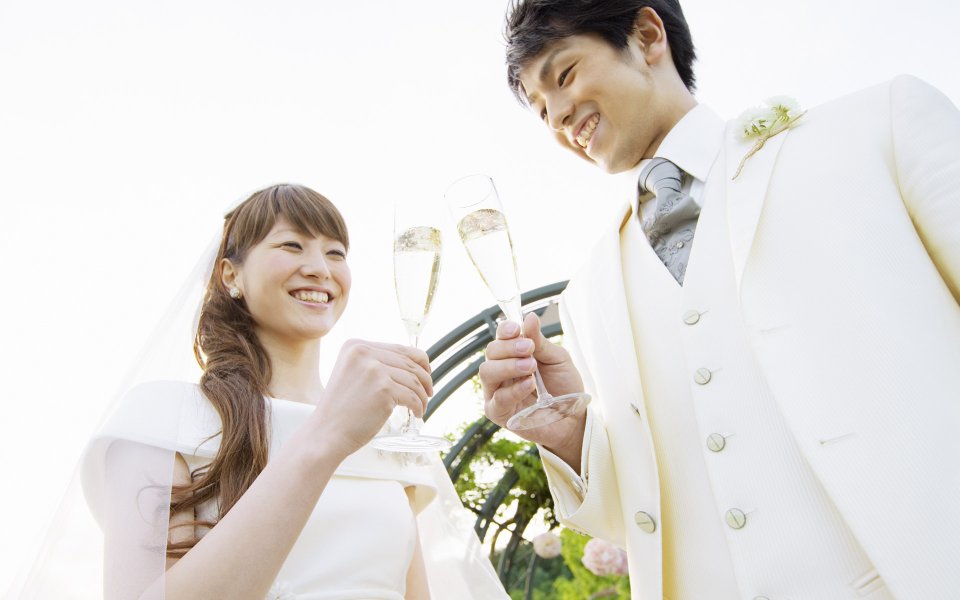 Outdoor Garden Newlyweds Champagne Toast Wedding Photo