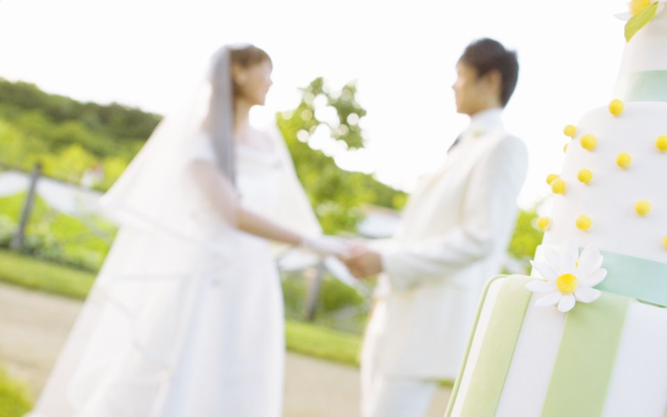 花园婚礼摄影 牵手对视的新娘新郎与清新婚礼蛋糕