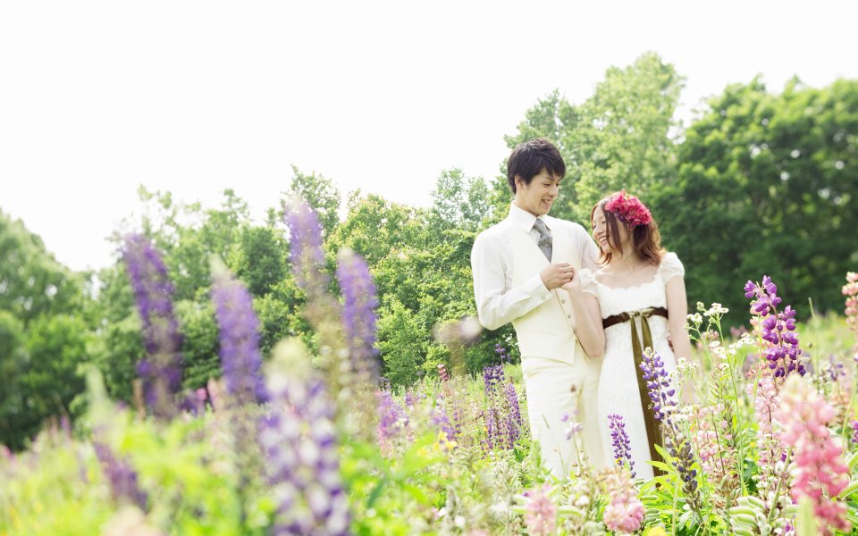 Spring Outdoor Lupine Field Newlyweds Wedding Photography