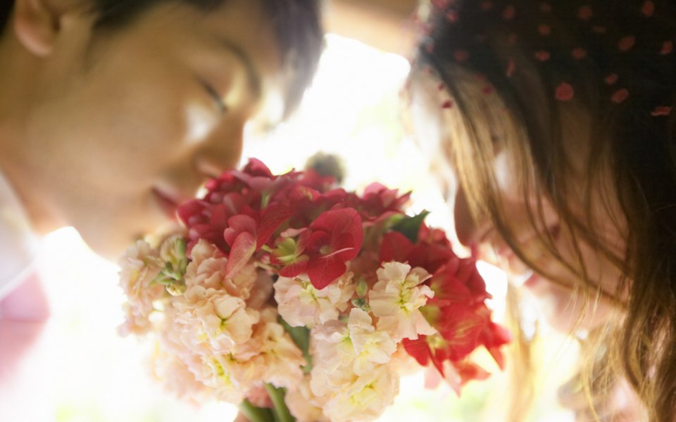 Garden Wedding Couple With Bouquet Romantic Backlit Photo