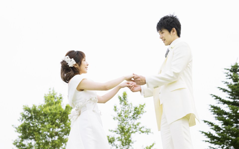 Outdoor Garden Asian Newlyweds Holding Hands Wedding Photo