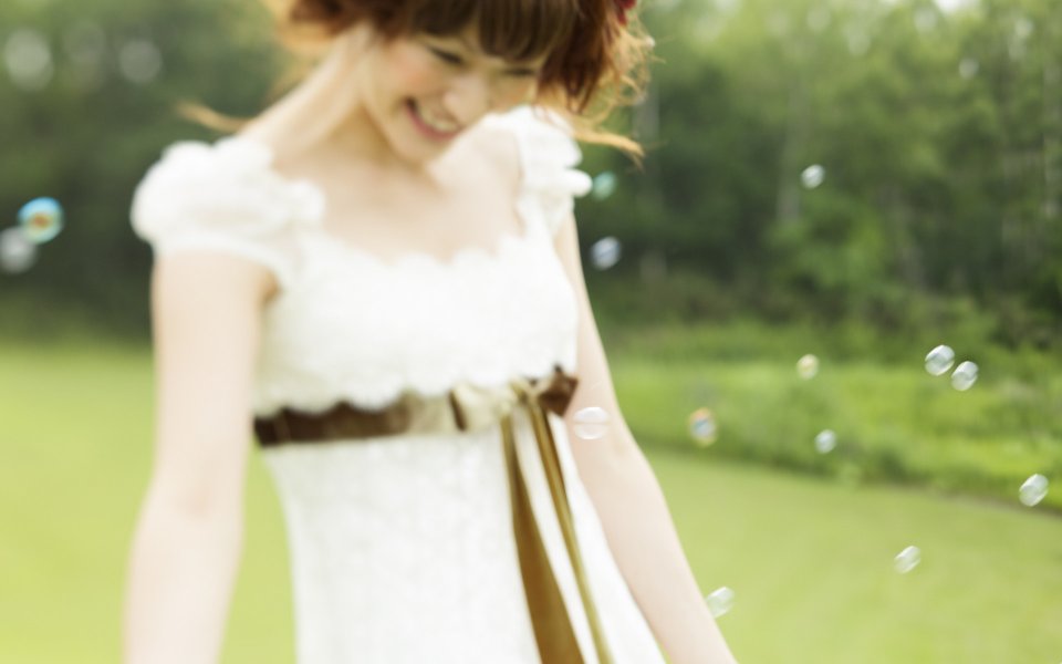 Summer Outdoor Lawn White Dress Girl Playing Bubbles Portrait