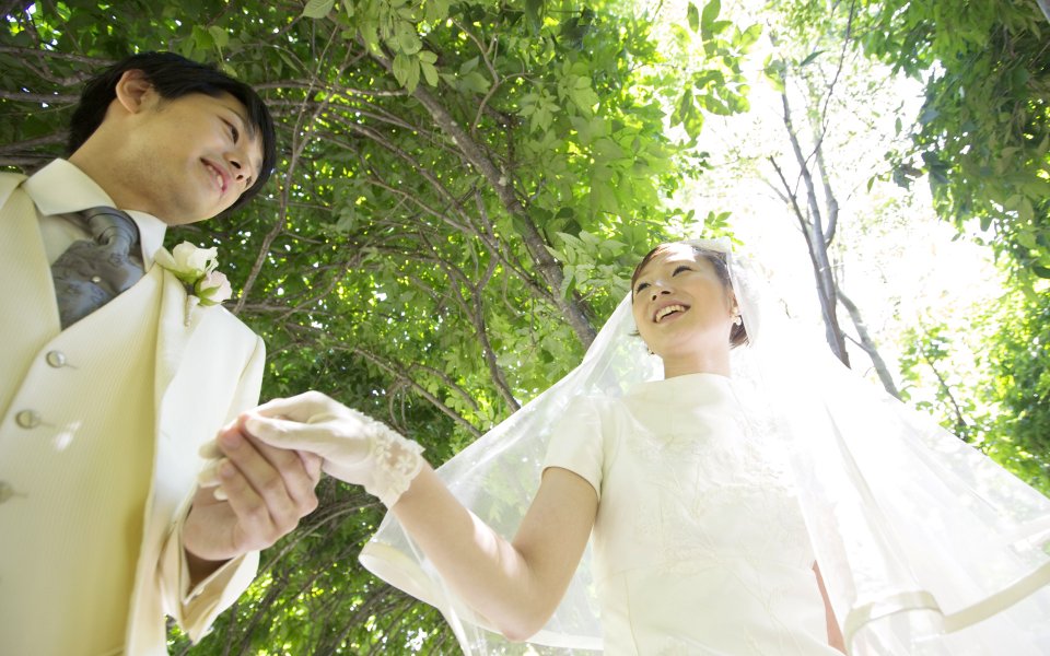 Outdoor Garden Newlyweds Holding Hands Wedding Photo