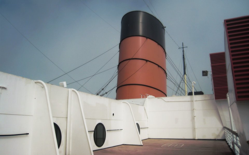 Vintage Ocean Liner Deck Red Black Funnel Low Angle Shot
