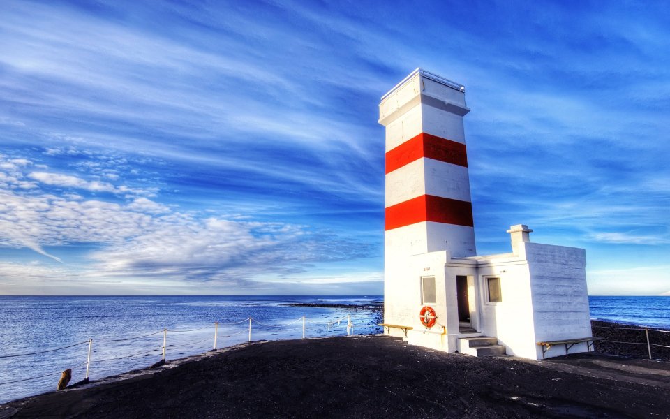 Iceland Winter Coast Red White Lighthouse Hdr Landscape
