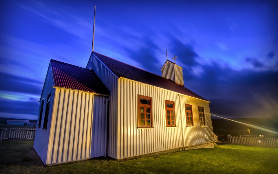 Hdr Iceland Landscape Backside Of The Church At Blue Hour