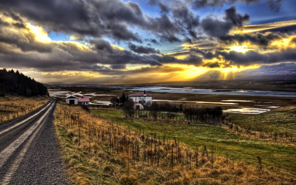 Iceland Farm On Fjord Sunset Hdr Landscape