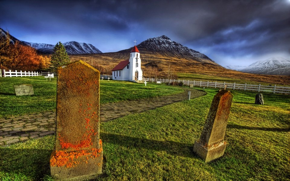 Iceland Hdr Landscape Churchyard Tombstones With Orange Lichen