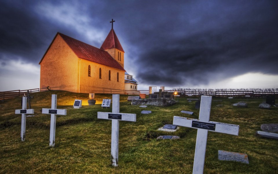 Iceland Hdr Landscape Rural Church Cemetery Under Dark Clouds