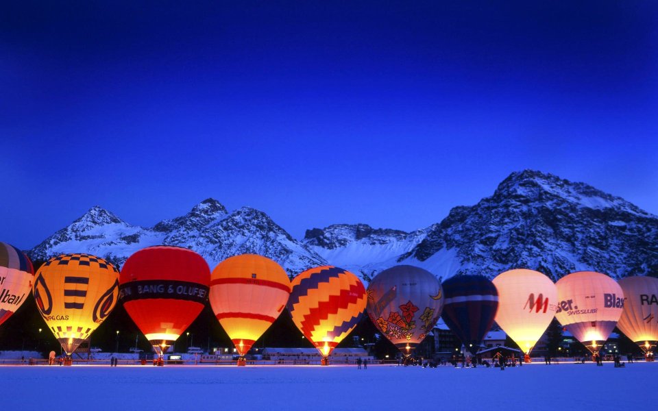 Hot Air Balloons At Arosa Switzerland Snow Mountains