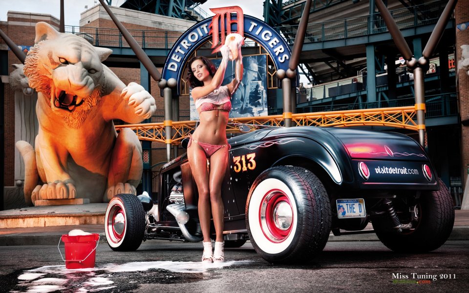 Detroit Tigers Stadium Vintage Hot Rod Car Wash Pinup Girl