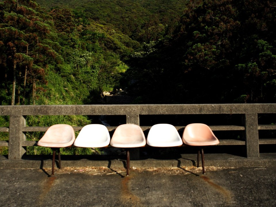 Five Retro Chairs On Mountain Bridge With Forest View