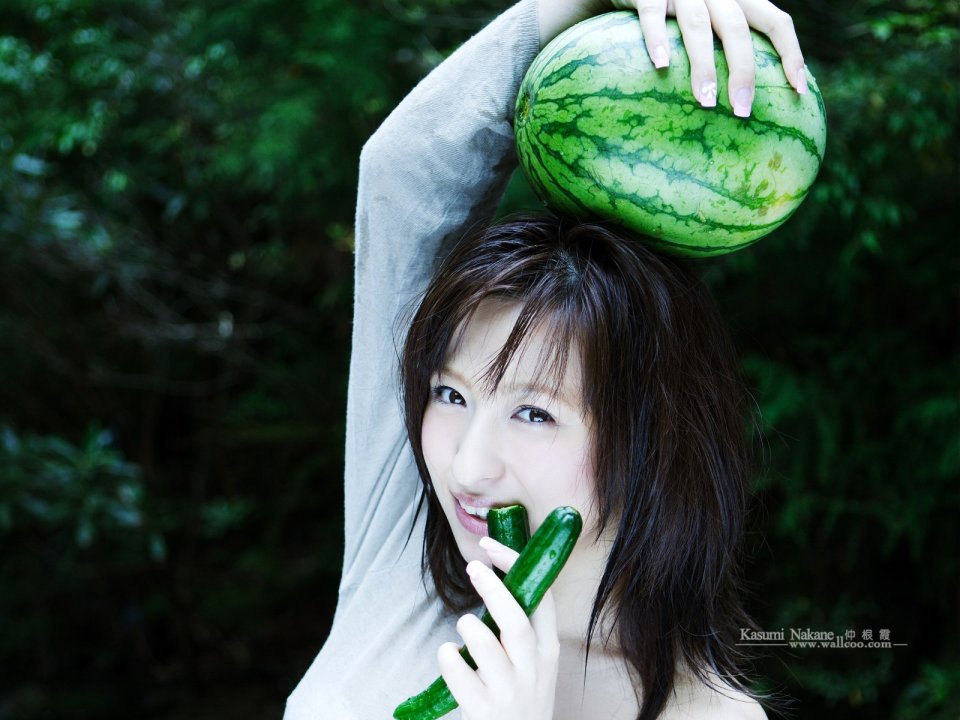 Kasumi Nakane Summer Outdoor Portrait With Watermelon And Cucumber