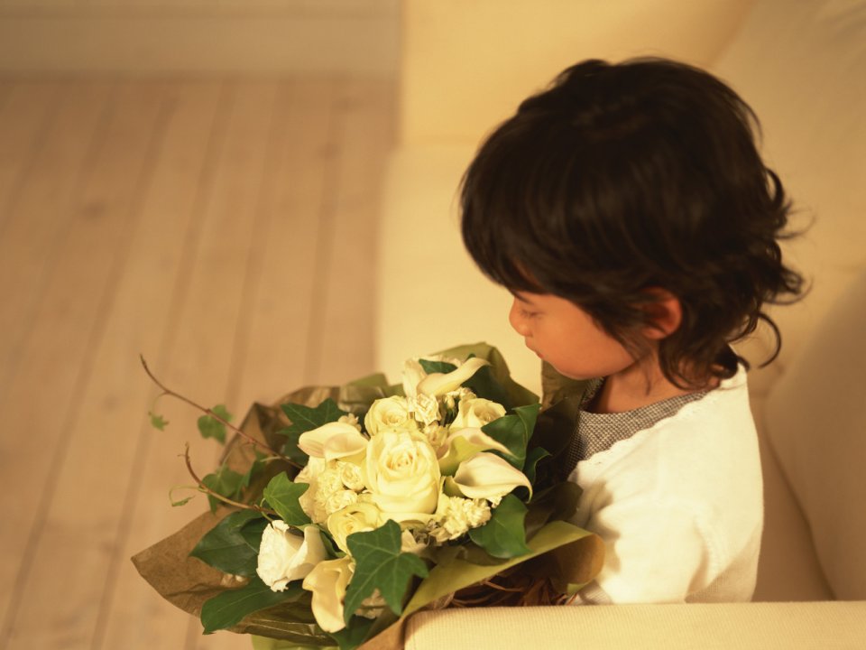 Warm Home Little Girl Holding White Flower Bouquet