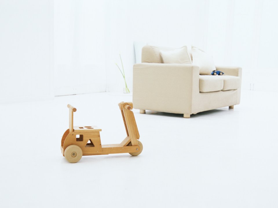 Minimalist White Kids Room Wooden Toy Car Beige Sofa