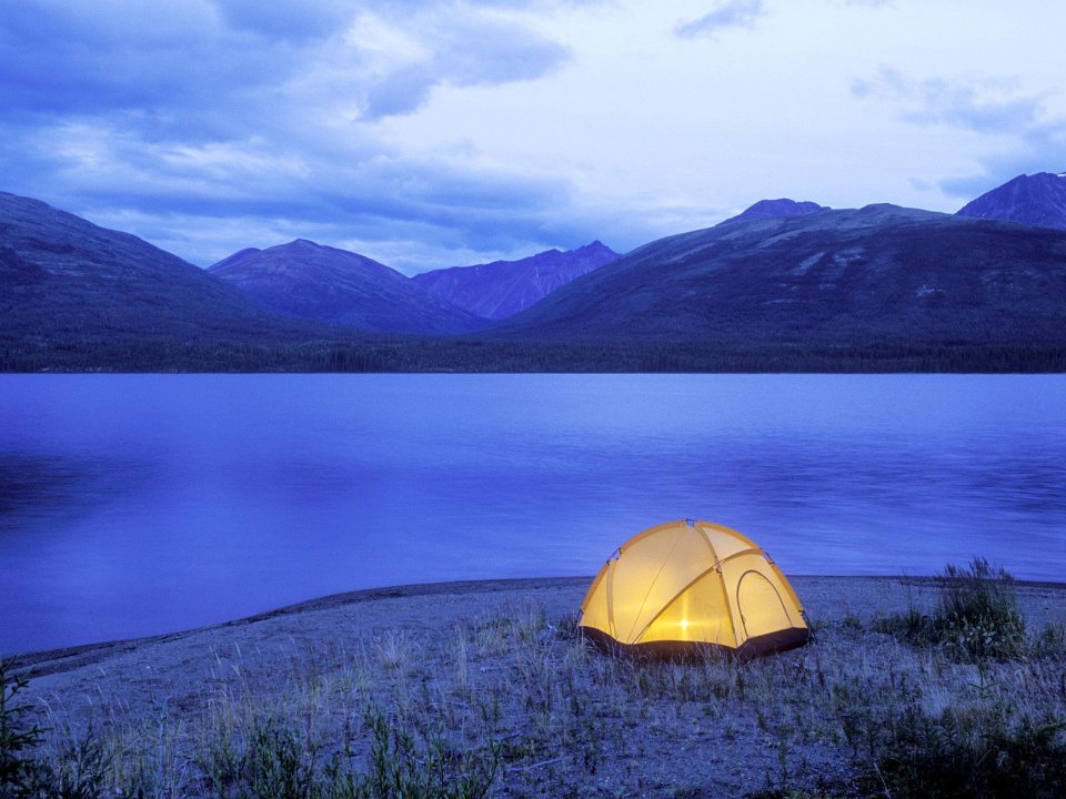 Blue Hour Lakeside Camping Glowing Yellow Tent Mountain Landscape