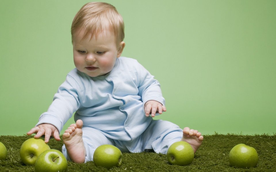 Cute Blonde Baby Playing With Green Apples Children Photography
