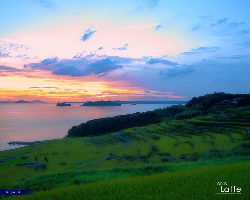 日本长崎海岸梯田夕阳美景