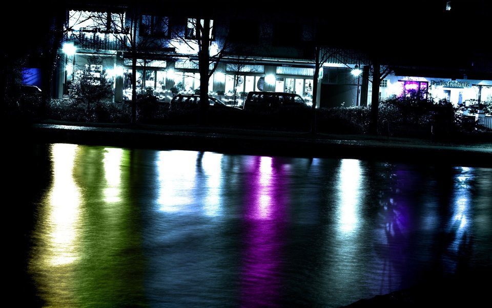 Urban Canal Night Scene Neon Light Water Reflection