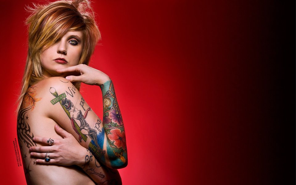 Red Gradient Background Tattooed Redhead Woman Portrait