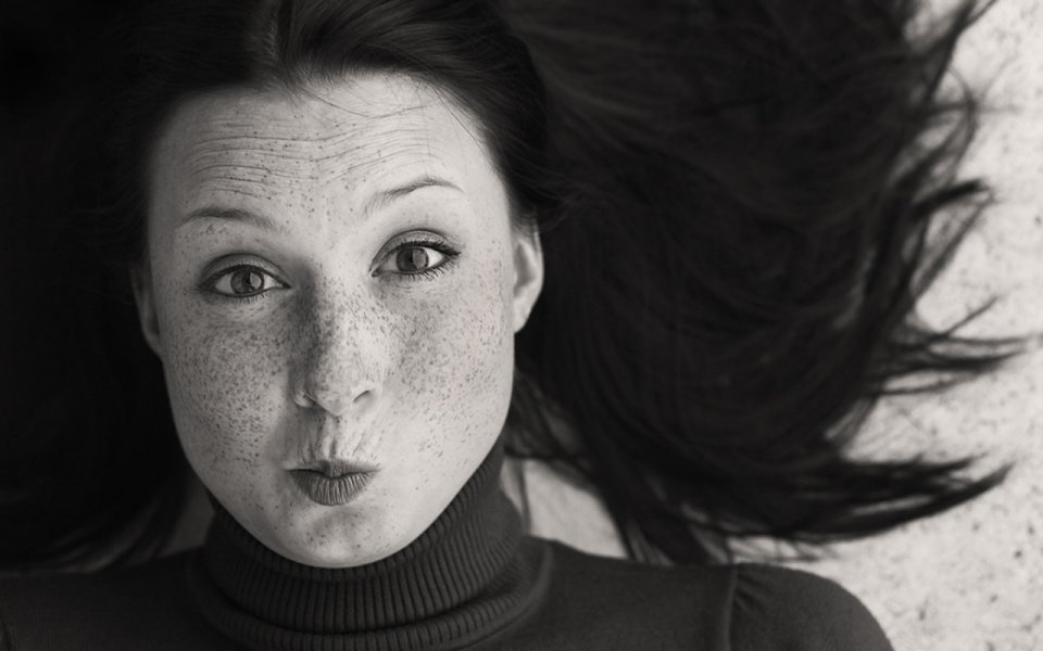 Black And White Playful Freckled Woman Portrait Photography