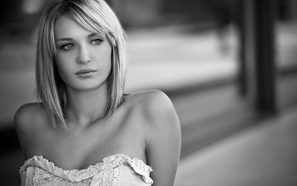 Black And White Portrait Of Blonde Woman With Short Hair