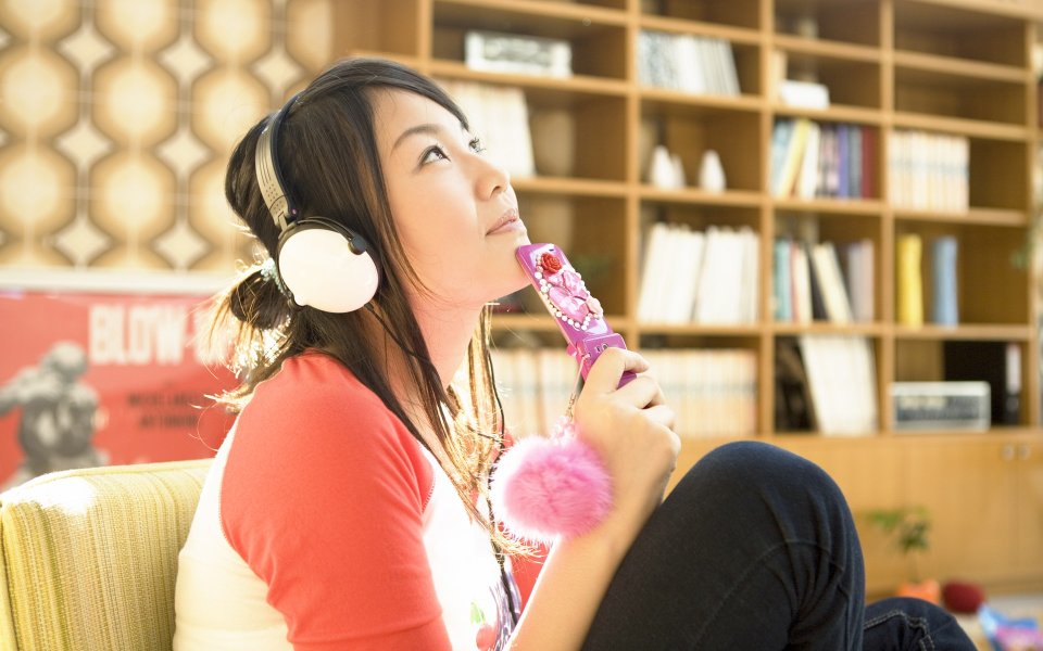 Warm Light Home Girl Wearing Headphones Casual Portrait